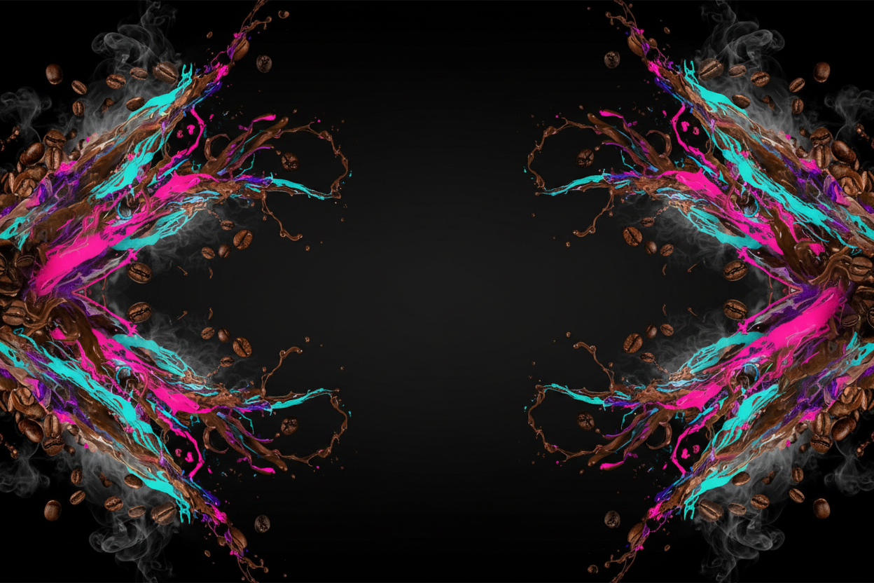 Coffee chaos with aqua, pink, and purple