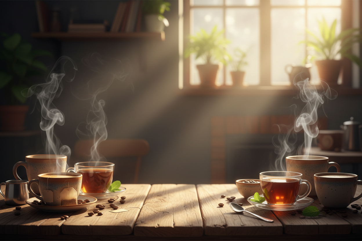 Dynamic hero image with coffee and tea cups